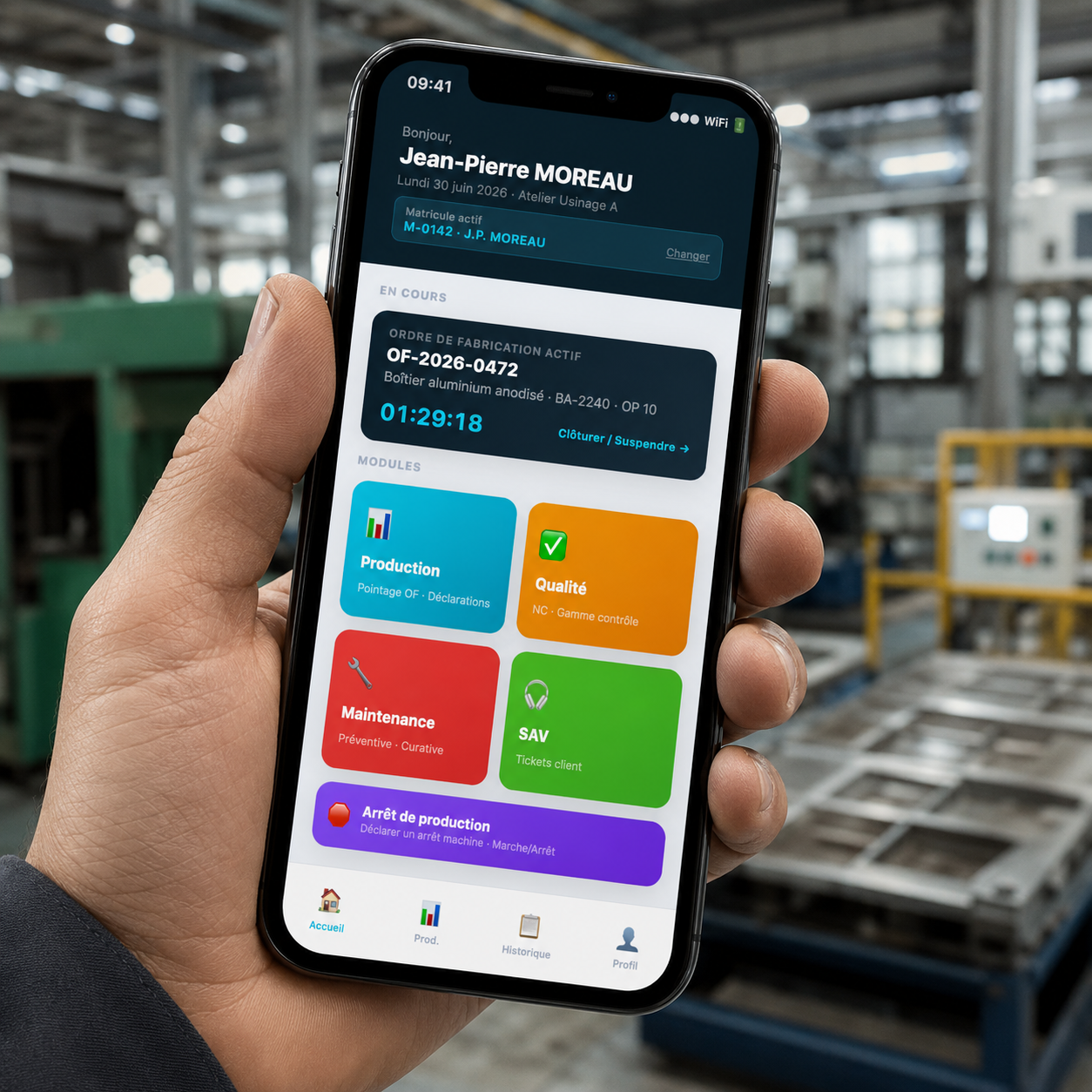 Application mobile de gestion de production Sage 100 : pointage d'un ordre de fabrication sur smartphone à l'atelier