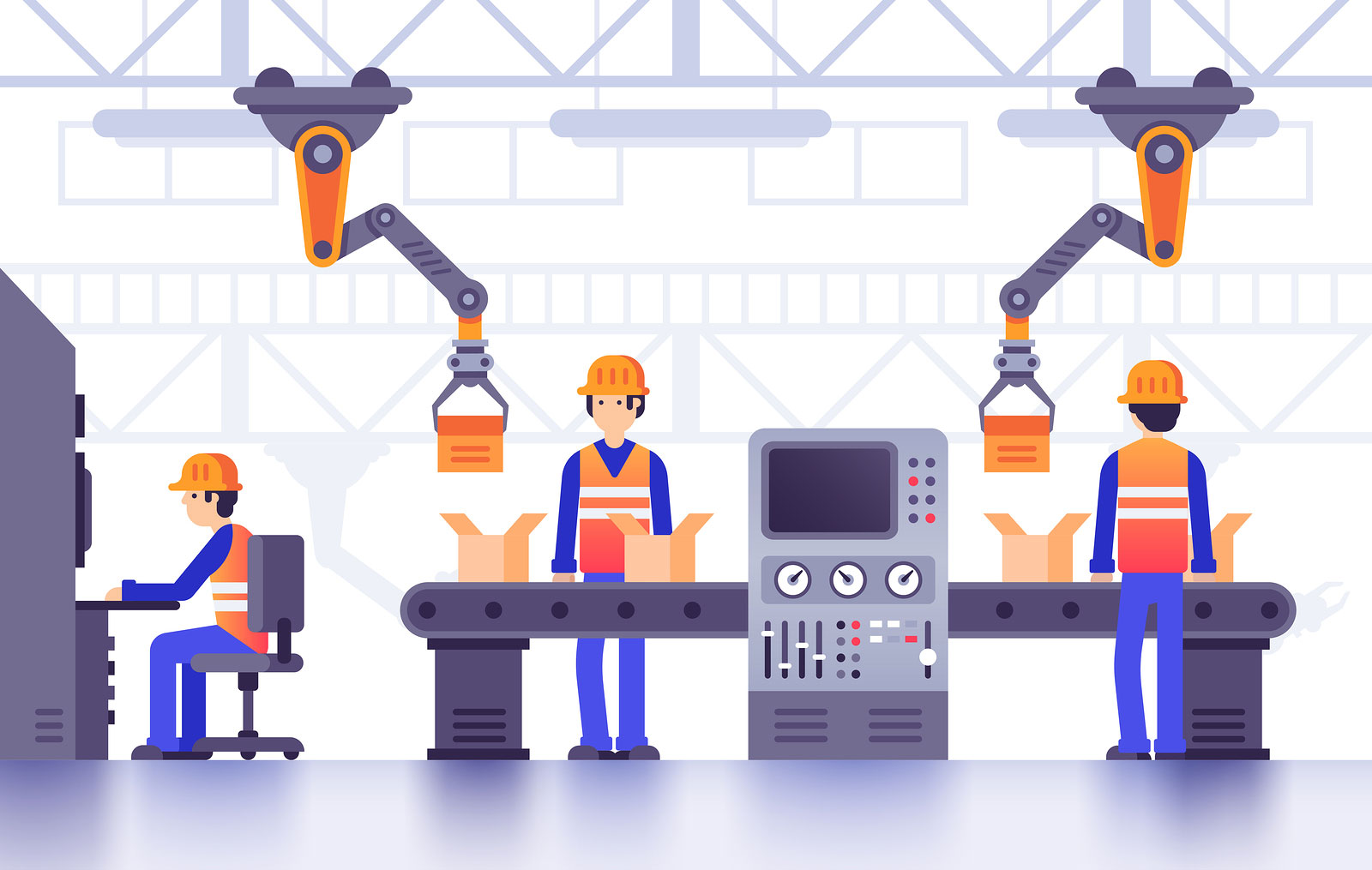 Smart manufacture factory conveyor. Modern industrial manufacturing, computer controlled factory machines line vector illustration