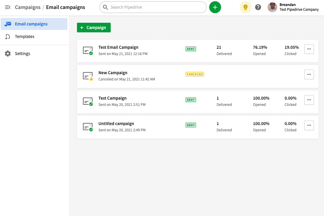Interface de campagne marketing dans Pipedrive Campaigns