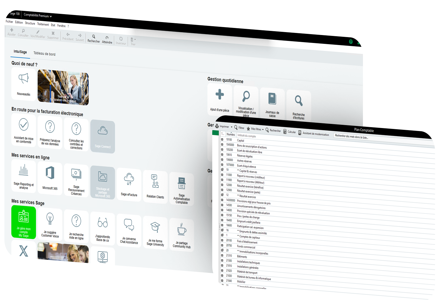 Interface Sage 100 Comptabilité — tableau de bord financier